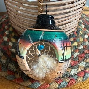 Hand-Painted Dreamcatcher Ornament with Feather and Turquoise Bead
